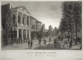 Theatre des Varietes, Boulevard Montmartre, Paris, graviert von Eugene Aubert (1789-1847) um 1810